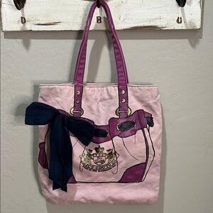 Rare Vintage Juicy Couture Pink Tote Bag Blue Bow Purse Bookbag Crown Y2K Travel